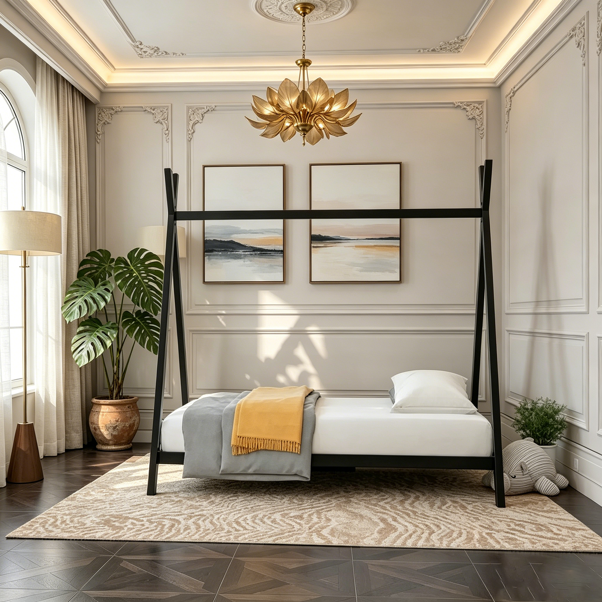 Tent-style metal bed frame floor playhouse bed
