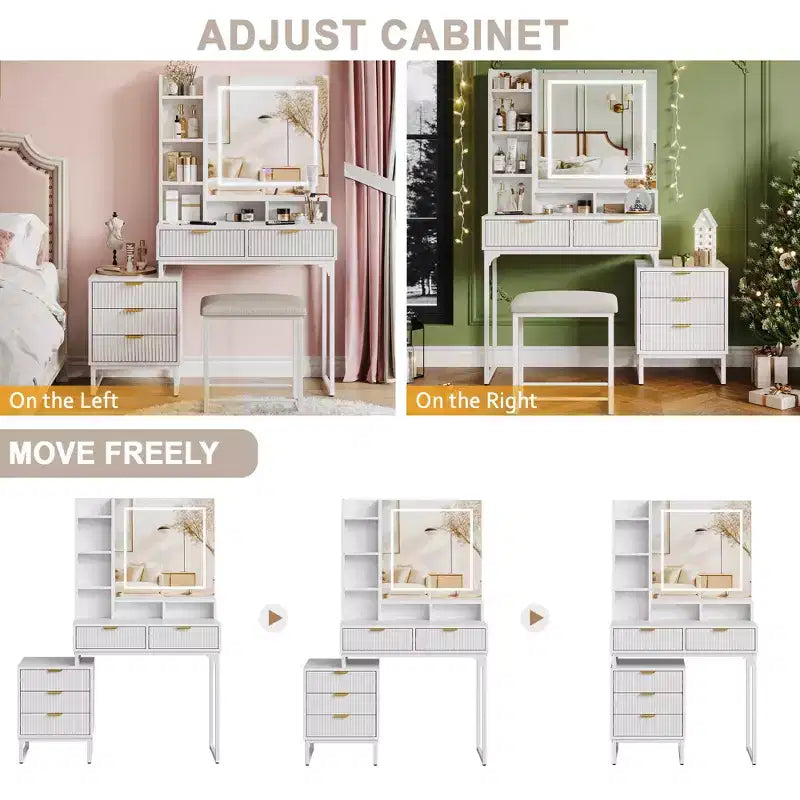 Une coiffeuse avec un miroir et des lumières, de style moderne.