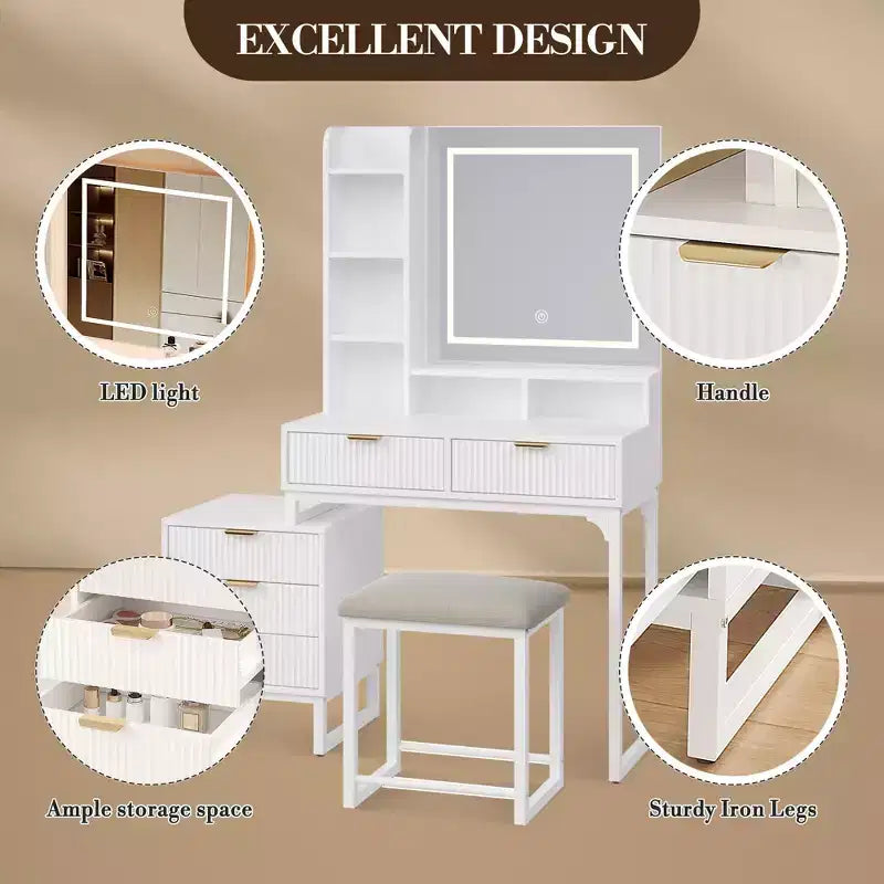 Une coiffeuse avec un miroir et des lumières, de style moderne.