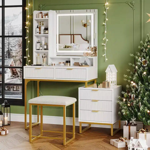 A dressing table with a mirror and lights, in a modern style.