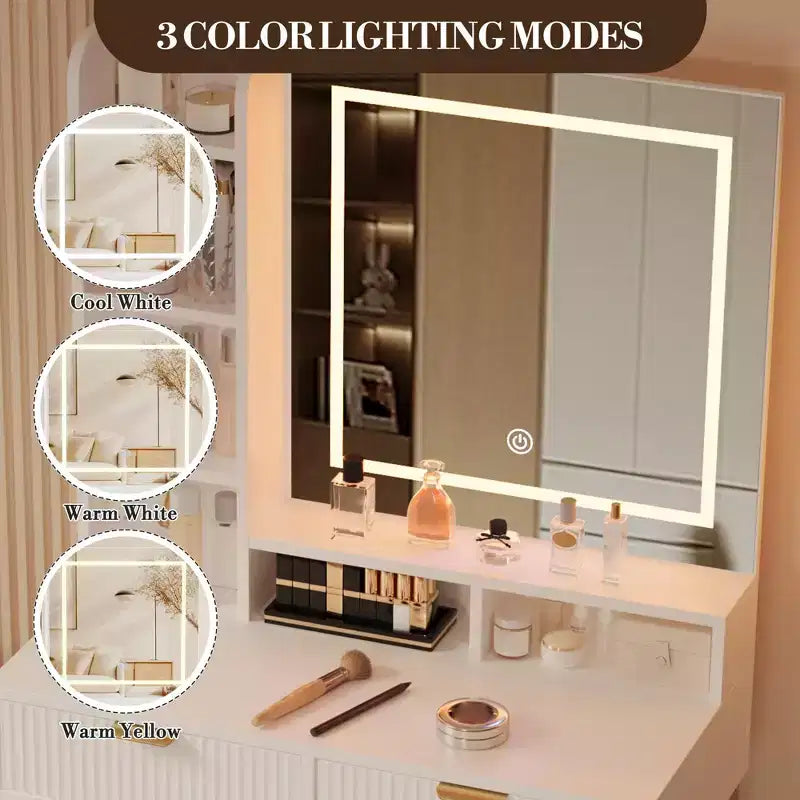 Une coiffeuse avec un miroir et des lumières, de style moderne.