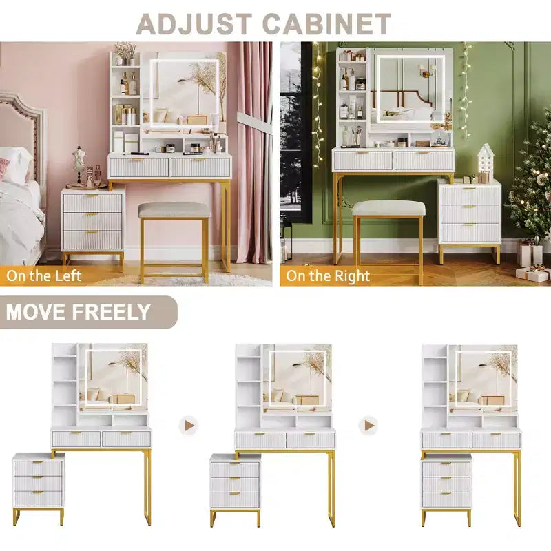 Une coiffeuse avec un miroir et des lumières, de style moderne.