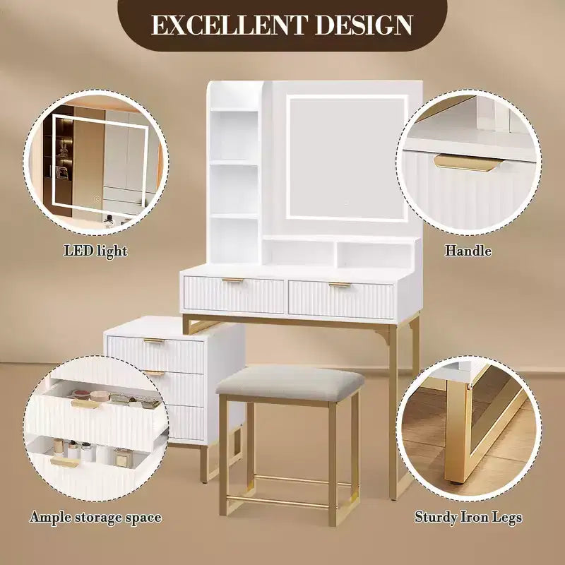 Une coiffeuse avec un miroir et des lumières, de style moderne.