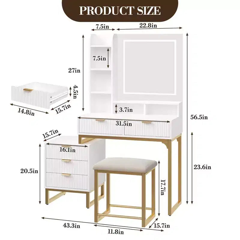 Une coiffeuse avec un miroir et des lumières, de style moderne.