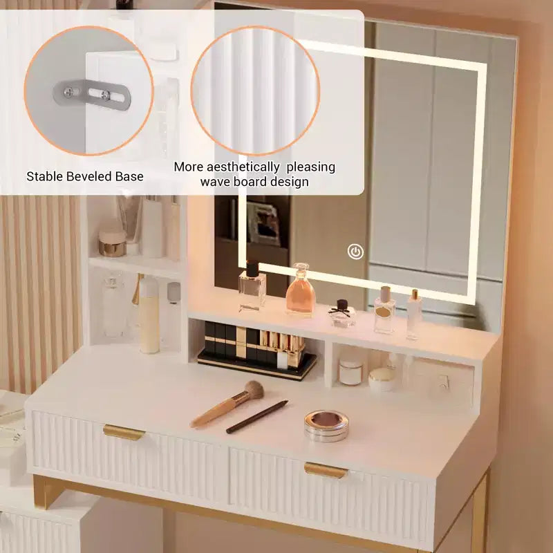 Une coiffeuse avec un miroir et des lumières, de style moderne.