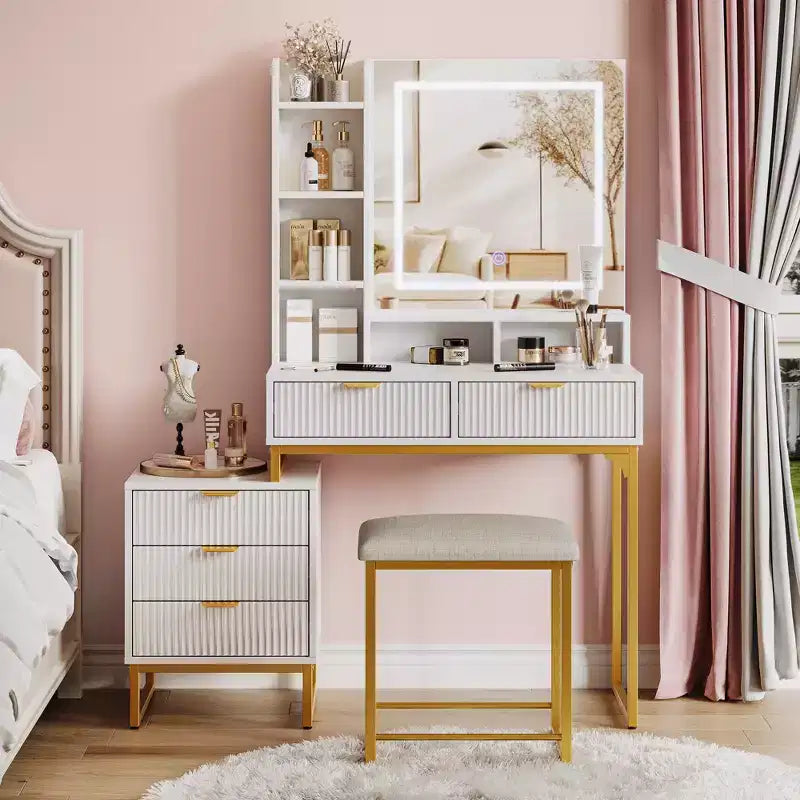 Vanity Makeup Desk with Mirror and Lights Modern Make Up Table Removable Side Storage Cabinet 5 Drawers Vanity Table for Bedroom