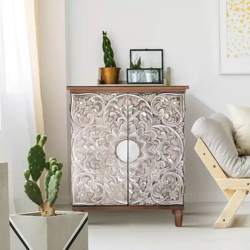 Captiva Designs Antique Silver Carved Floral Buffet Cabinet with Doors for Living Room Entryway