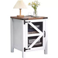 Rustic White Farmhouse Side Table with Barn Door Space-Saving Wooden Table with Charging Station and Storage for Bedroom and Living Room