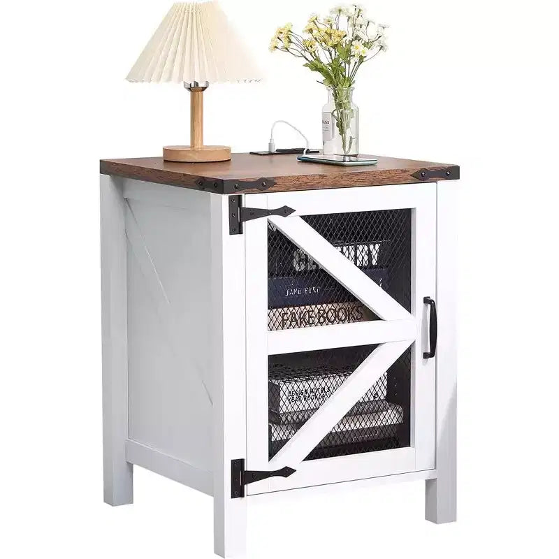 Rustic White Farmhouse Side Table with Barn Door Space-Saving Wooden Table with Charging Station and Storage for Bedroom and Living Room