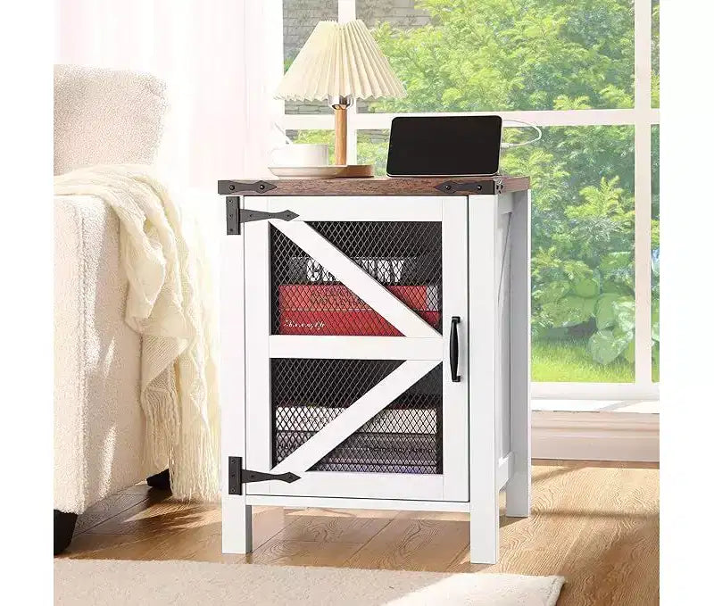 Table d'appoint blanche avec station de recharge et espace de rangement