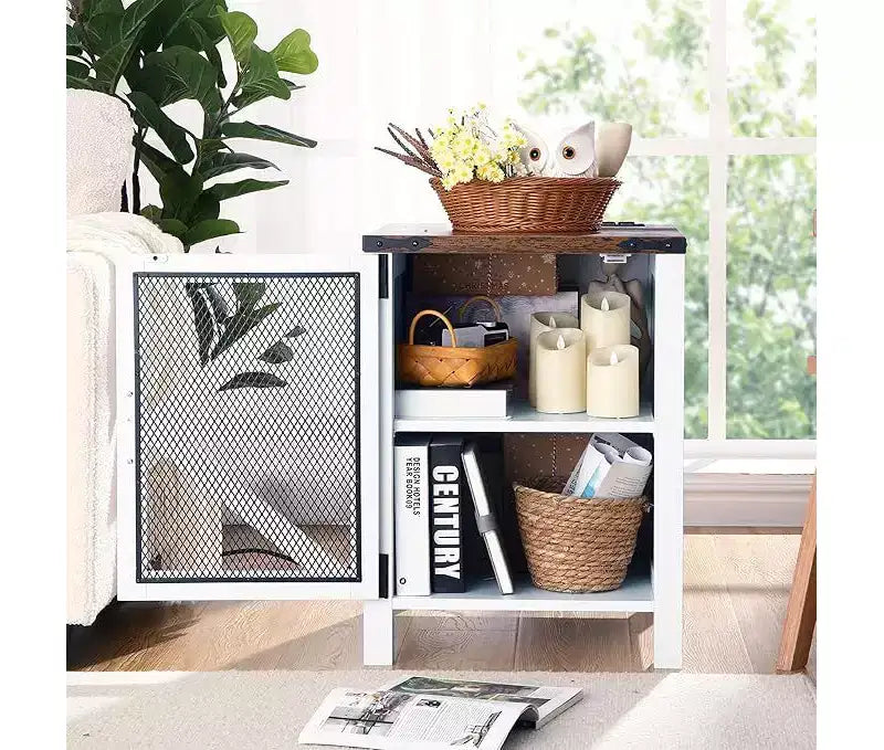 Table d'appoint blanche avec station de recharge et espace de rangement