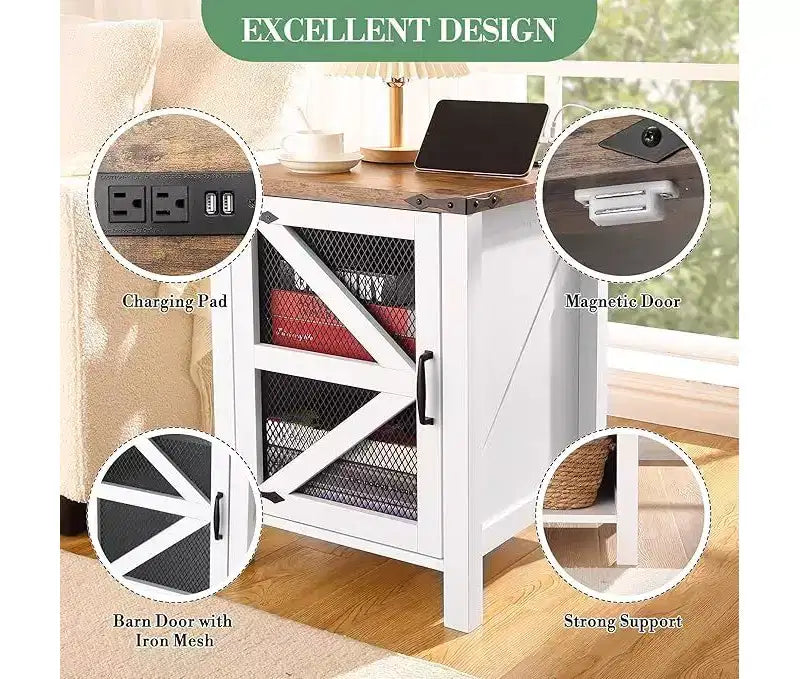Table d'appoint blanche avec station de recharge et espace de rangement