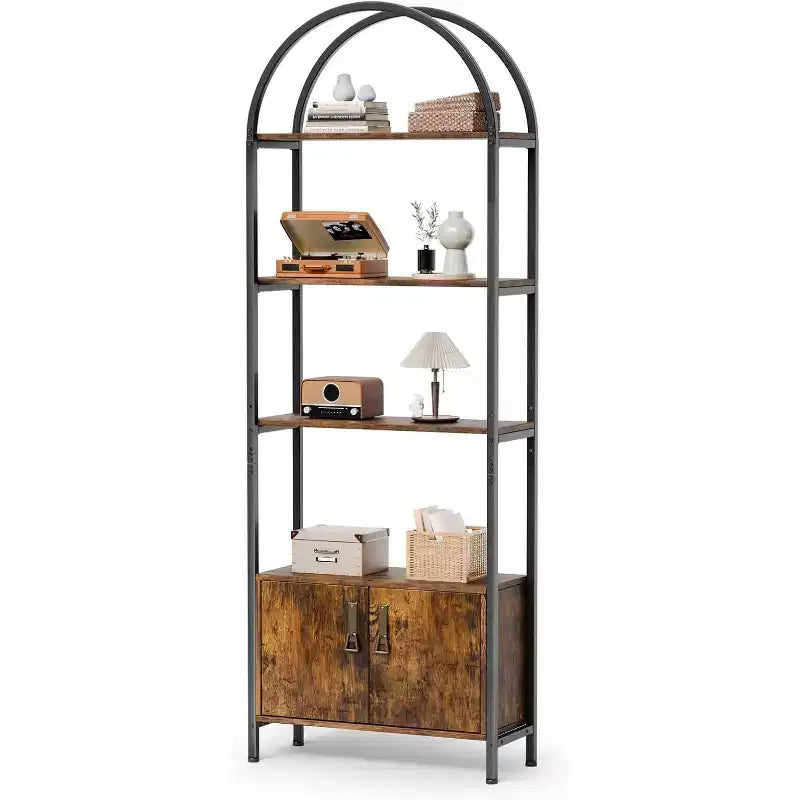VINGLI Arched Display Cabinet Bookcase with Doors Storage 5 Tier Bookshelf Stylish for Living Room Dining Room Office Study Room Rustic Brown