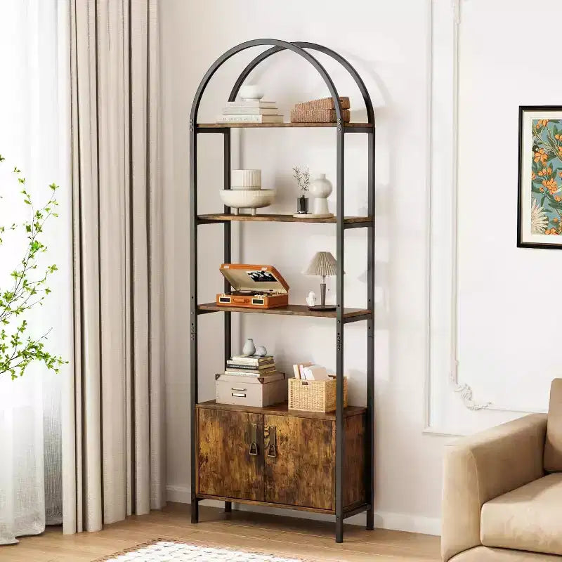 Bibliothèque vitrine arquée avec portes, bibliothèque de rangement à cinq niveaux