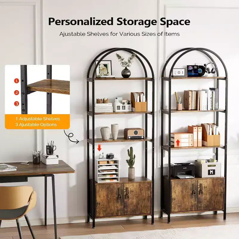 Bibliothèque vitrine arquée avec portes, bibliothèque de rangement à cinq niveaux
