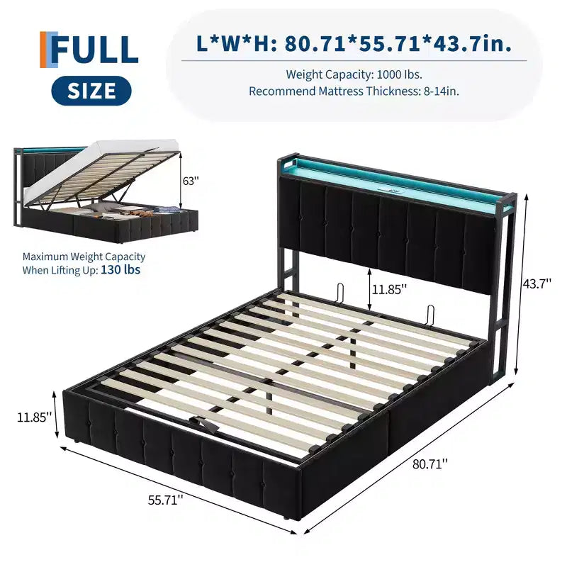 Cadre de lit avec espace de rangement relevable, lit capitonné en velours