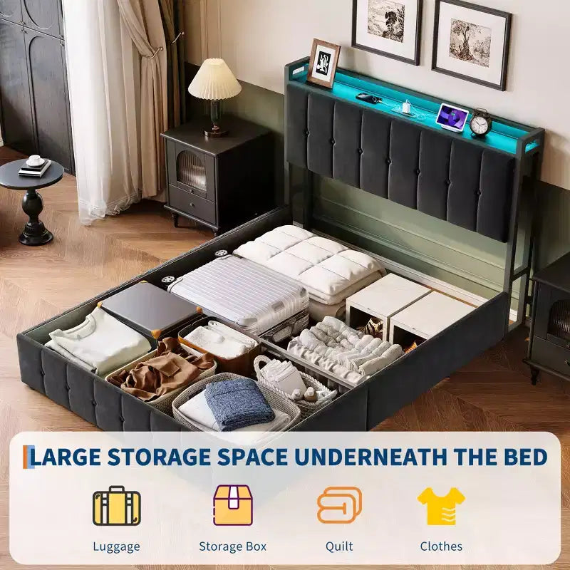Cadre de lit avec espace de rangement relevable, lit capitonné en velours