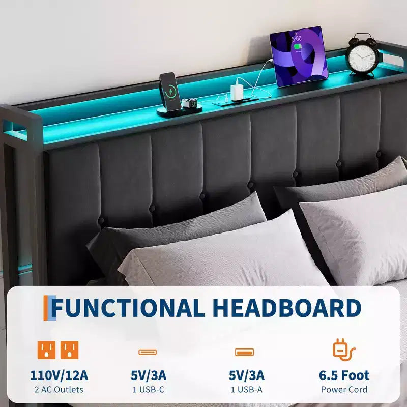 Cadre de lit avec espace de rangement relevable, lit capitonné en velours