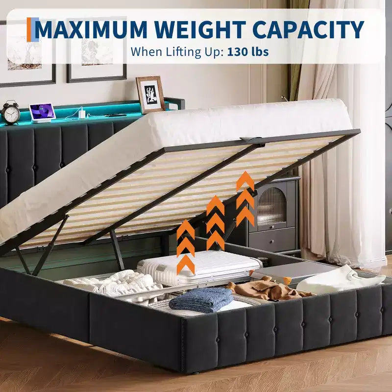 Cadre de lit avec espace de rangement relevable, lit capitonné en velours