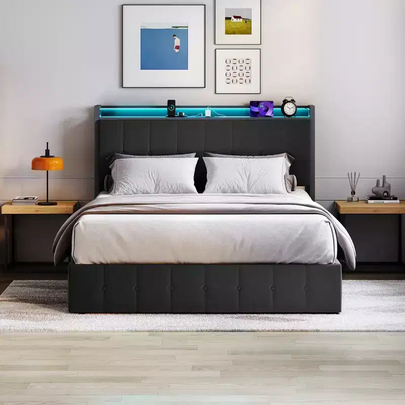Cadre de lit avec espace de rangement relevable, lit capitonné en velours