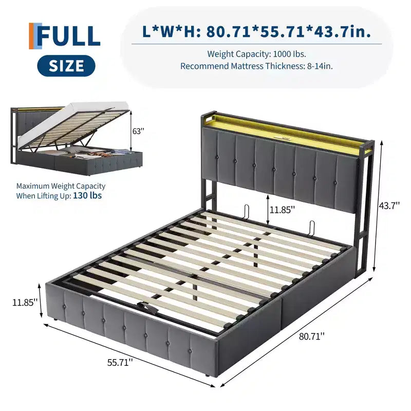 Cadre de lit avec espace de rangement relevable, lit capitonné en velours