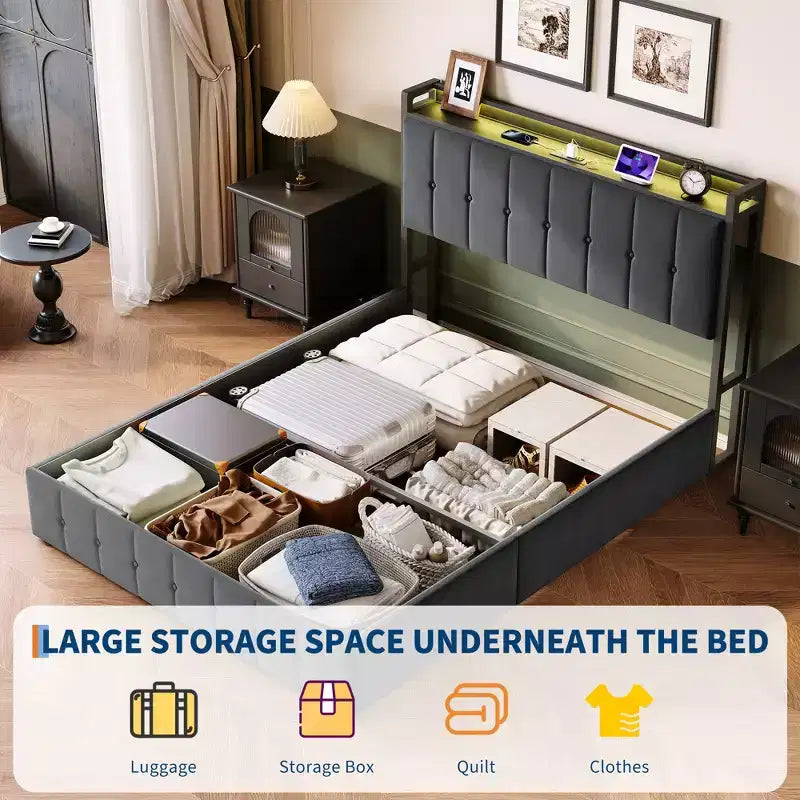Cadre de lit avec espace de rangement relevable, lit capitonné en velours