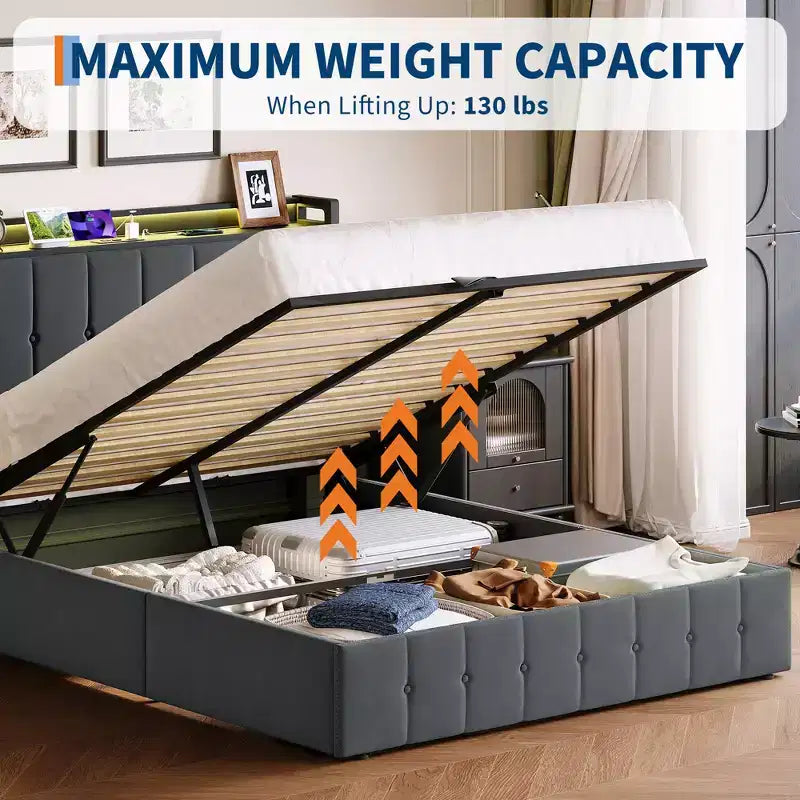 Cadre de lit avec espace de rangement relevable, lit capitonné en velours