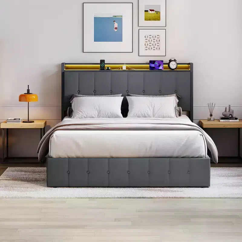 Cadre de lit avec espace de rangement relevable, lit capitonné en velours