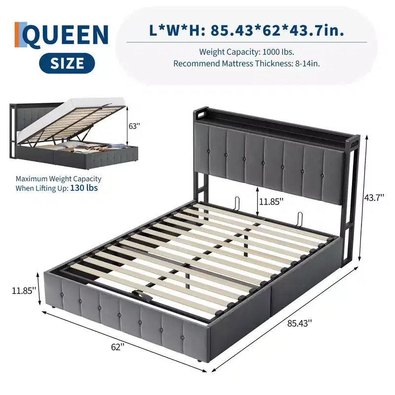 Cadre de lit avec espace de rangement relevable, lit capitonné en velours