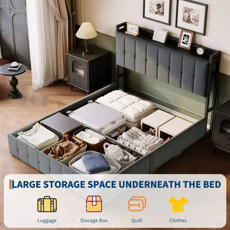 Cadre de lit avec espace de rangement relevable, lit capitonné en velours