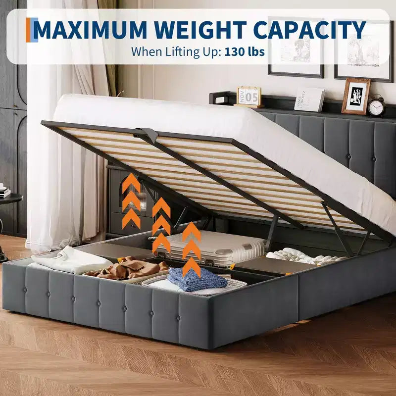 Cadre de lit avec espace de rangement relevable, lit capitonné en velours
