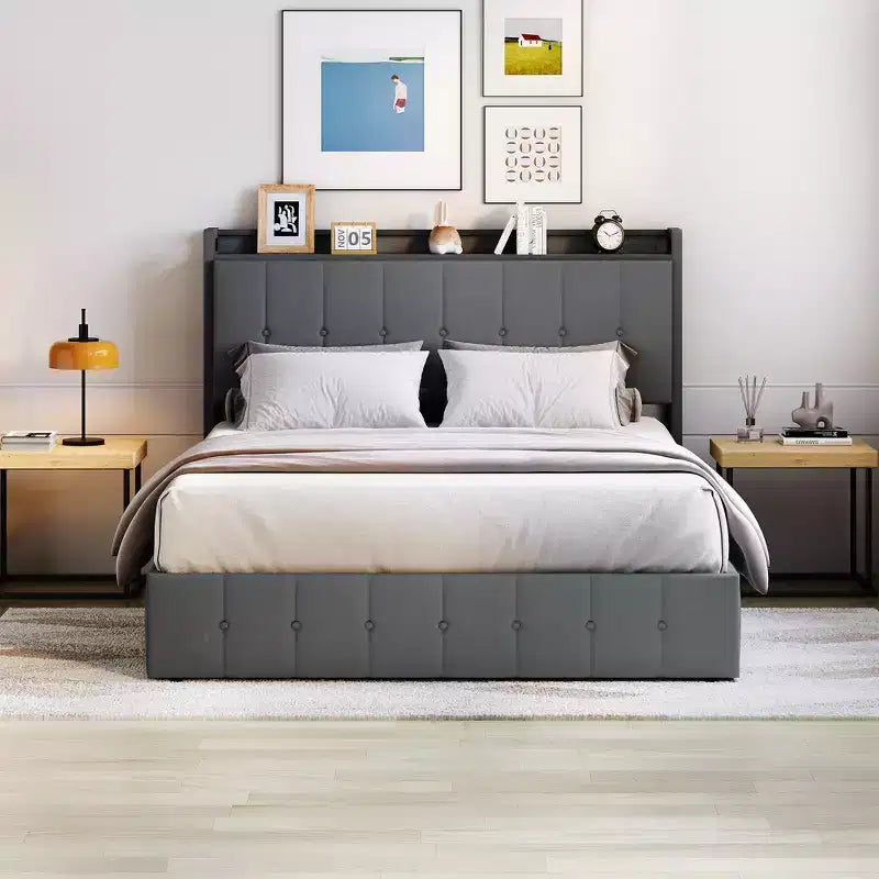 Cadre de lit avec espace de rangement relevable, lit capitonné en velours