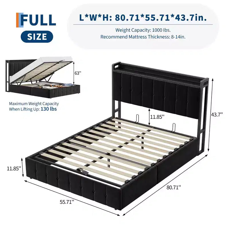 Cadre de lit avec espace de rangement relevable, lit capitonné en velours