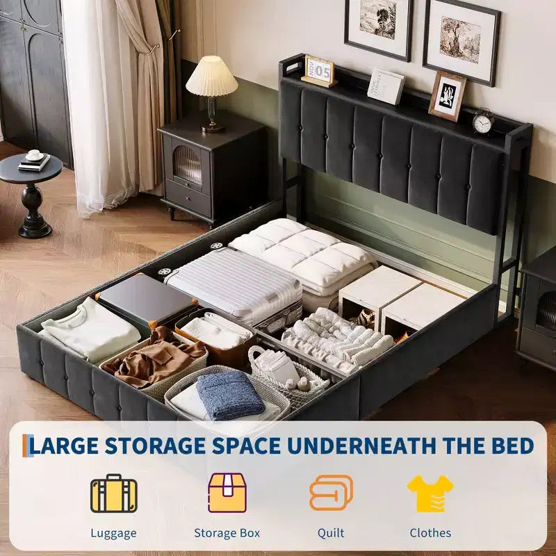 Cadre de lit avec espace de rangement relevable, lit capitonné en velours
