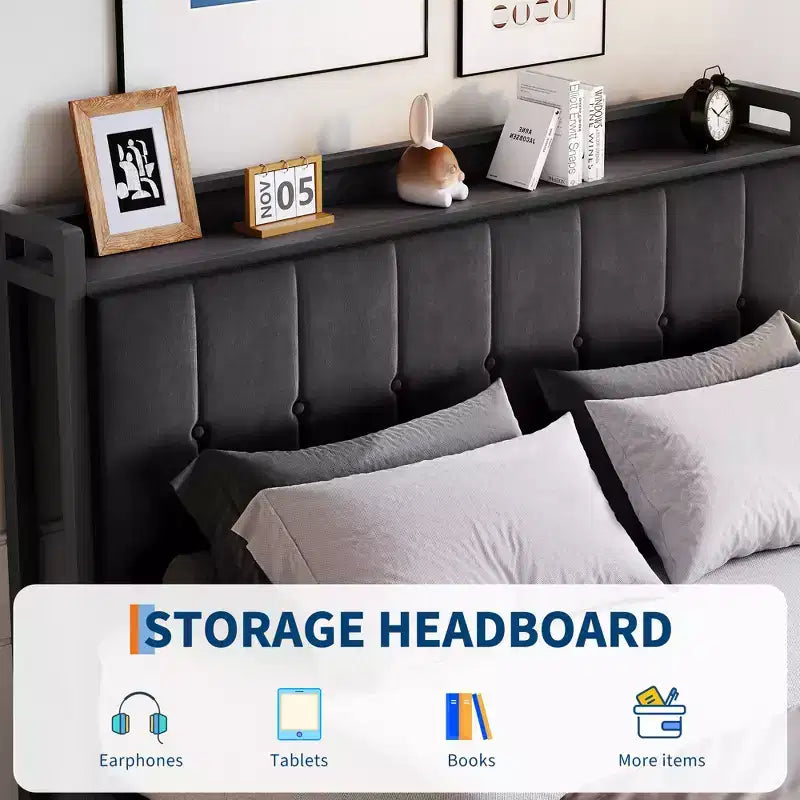 Cadre de lit avec espace de rangement relevable, lit capitonné en velours