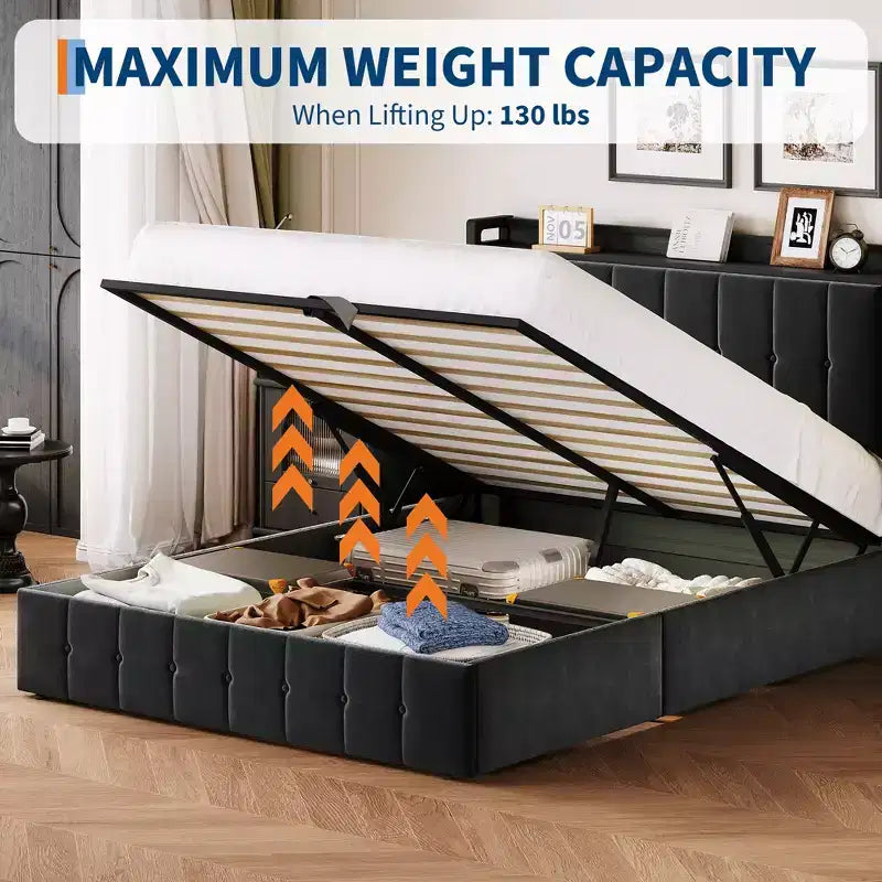Cadre de lit avec espace de rangement relevable, lit capitonné en velours