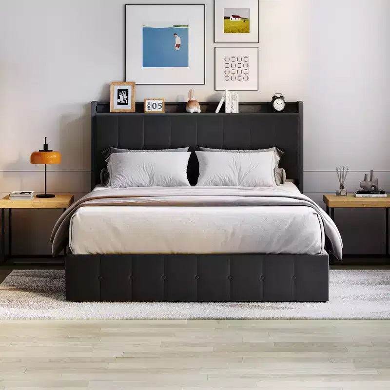 Cadre de lit avec espace de rangement relevable, lit capitonné en velours