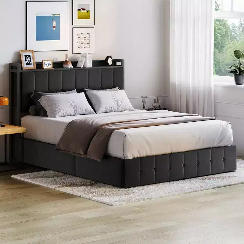 Bed Frame with Lift Up Storage Upholstered Velvet Bed Metal Platform Bed Button Tufted Headboard No Box Spring Needed