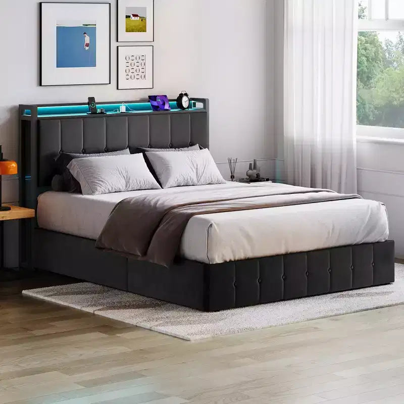 Cadre de lit avec espace de rangement relevable, lit capitonné en velours