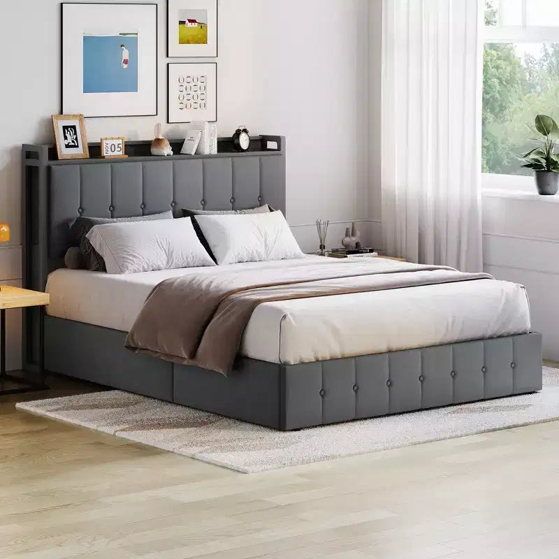 Cadre de lit avec espace de rangement relevable, lit capitonné en velours