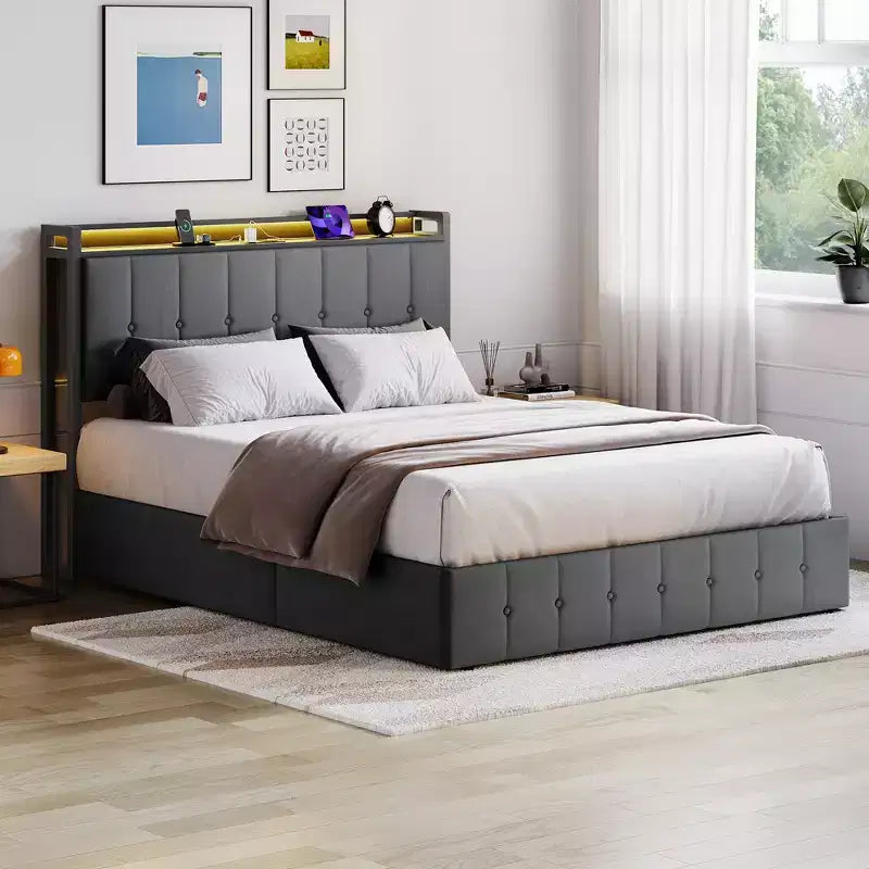 Cadre de lit avec espace de rangement relevable, lit capitonné en velours