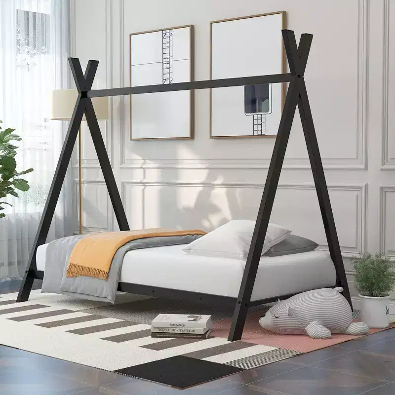 Twin Size House Bed Tent Metal Bed Frame Floor Play House Bed with Slat for Kids Girls Boys No Box Spring Needed
