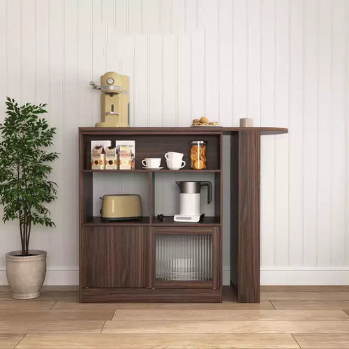 Counter Height Dining Cabinet with Storage Ribbed Glass Door and Rotating Top with 3 Shelves Modern Bar Cabinet for Dining Room and Living Room