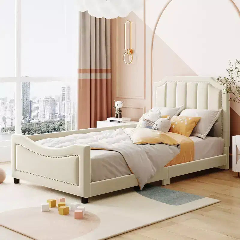 GDFStudio Toby Twin Size Velvet Upholstered Daybed with Classic Stripe Headboard