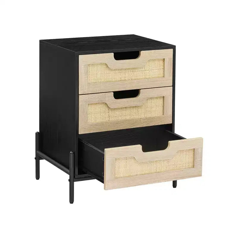 25 Tall Rattan Nightstand Modern Farmhouse Bedside Table with 3 Natural Rattan Drawers Sturdy Metal Legs End Table for Bedroom or Living Room