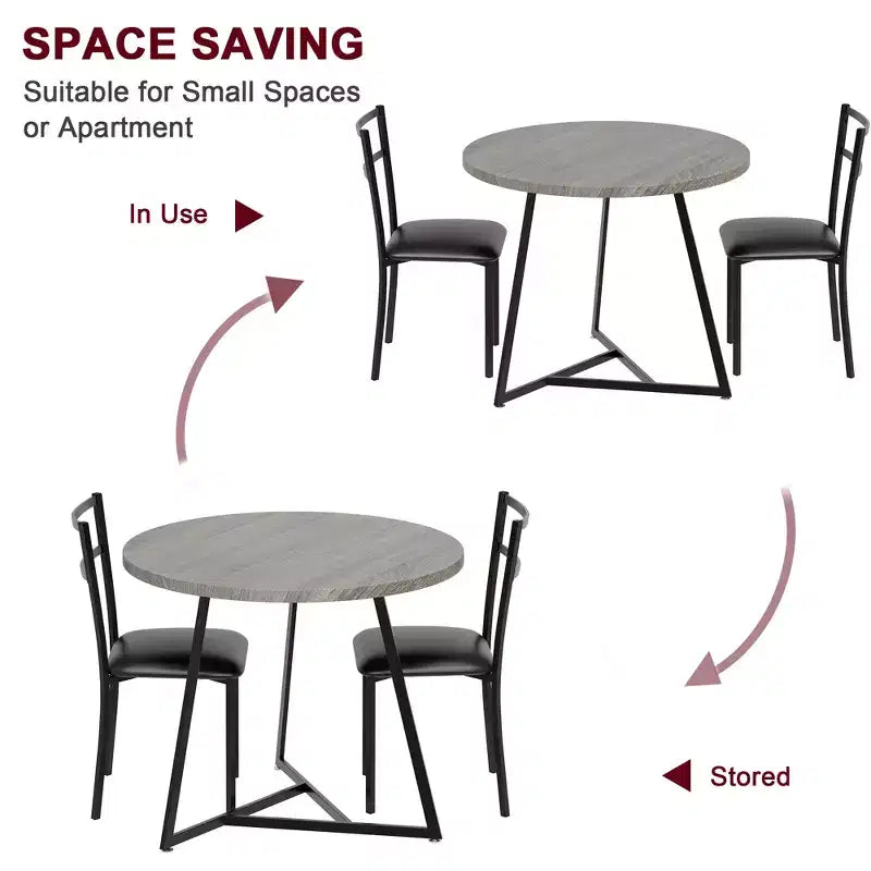 Table et chaises de salle à manger rondes en bois (dont deux chaises en métal et bois)