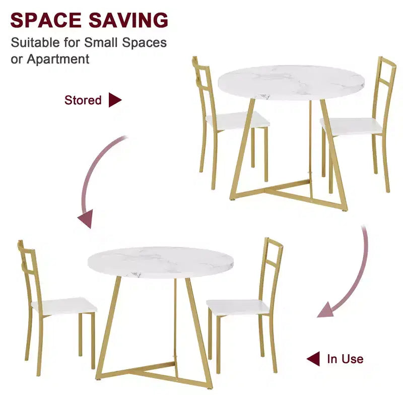Table et chaises de salle à manger rondes en bois (dont deux chaises en métal et bois)