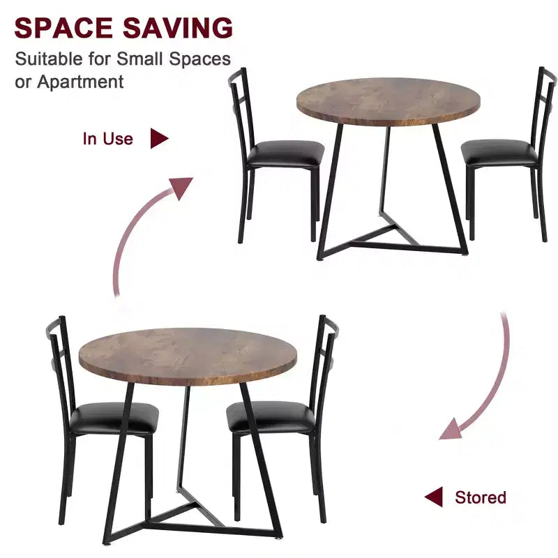 Table et chaises de salle à manger rondes en bois (dont deux chaises en métal et bois)
