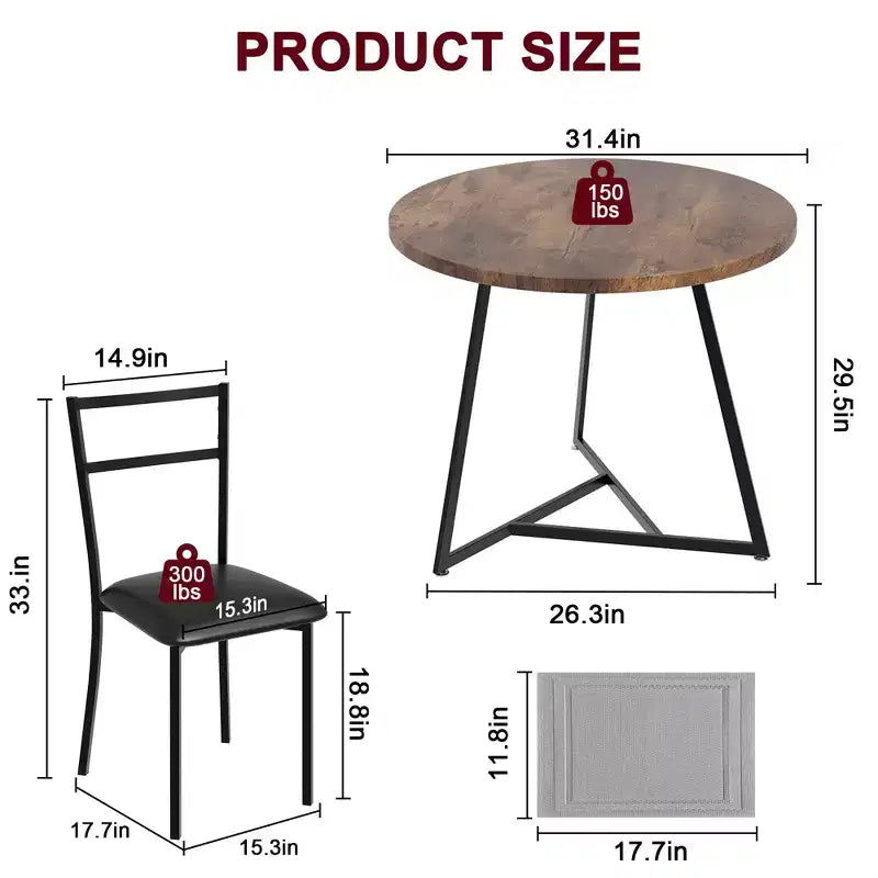 Table et chaises de salle à manger rondes en bois (dont deux chaises en métal et bois)