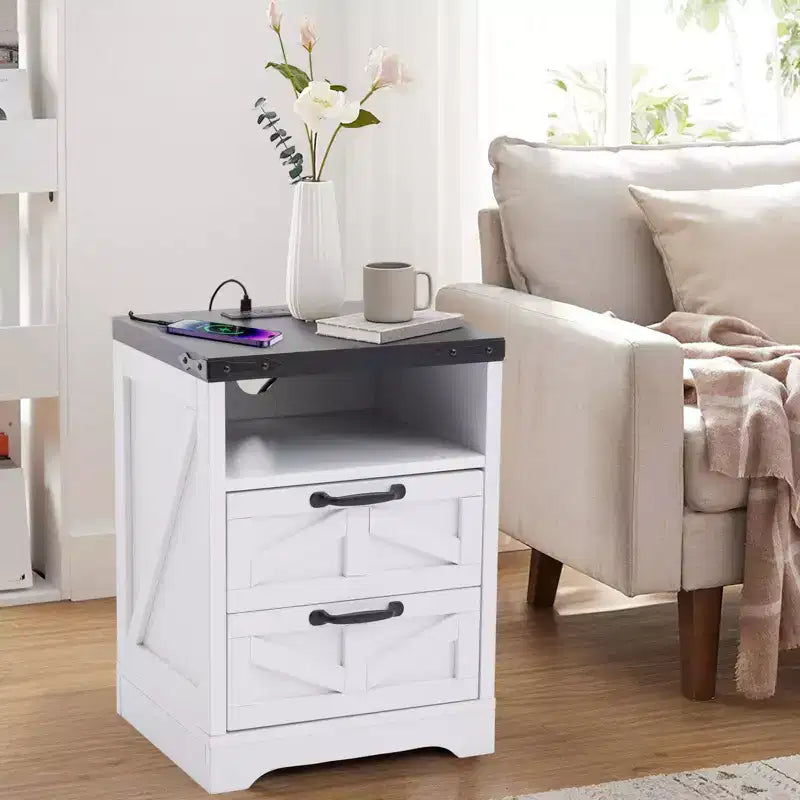 Farmhouse Style Bedside Table - White bedside table with charging station bedroom bedside table double drawers sturdy and durable engineered wood.